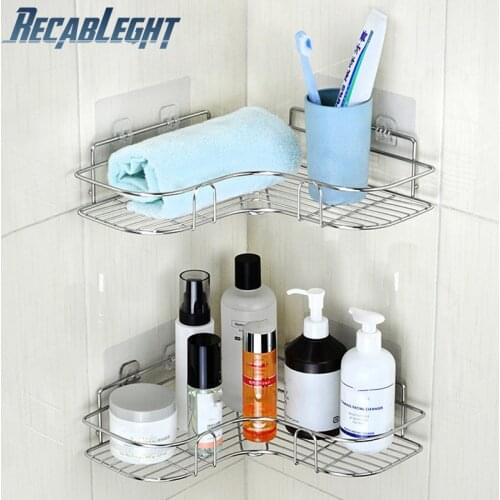 Recableght Stainless Steel Bathroom Corner Storage Rack Saving Space Non-Drilling Wall Shelf Container Kitchen Rustless Shelf