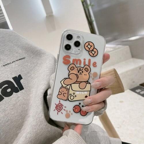 Retro smile box gift bear Transparent Japanese Phone Case For iPhone 12 11 Pro Max Xr Xs Max 7 8 Plus 7Plus case Cute Soft Cover