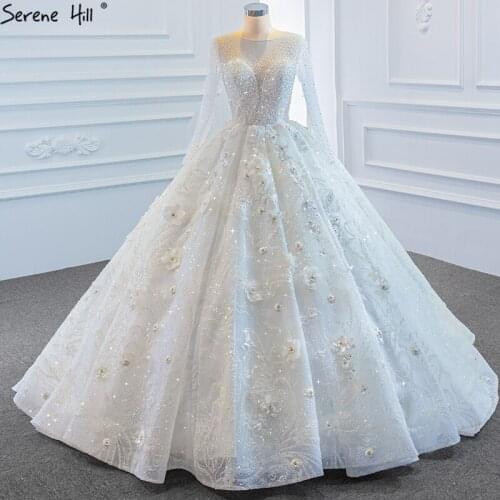Luxury White Beading Bling Sexy Plus Size Wedding Dresses 2020 Long Sleeves Handmade Flowers Bridal Gowns BHM67183 Custom Made