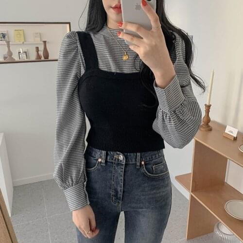 Vintage Korean Two Piece Blouse Women Knitted Vest and Puff Sleeve Plaid Blouses Autumn Tops Shirts blusas mujer