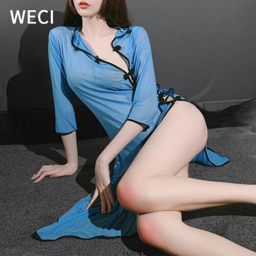 WECI Womens Sexy Cheongsam Dress Robe Transparent Schoolgirl Lingerie Chinese Student Uniform Negligee Erotic Female Sleepwear