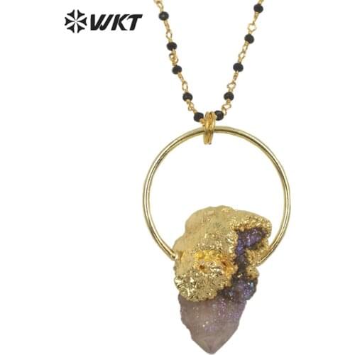 WT-N1278 Amazing natural raw cactus spirit quartz stone necklace with black rosary beads chain fashion gold Aura stone necklace