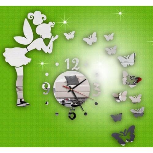 Modern Style Butterfly Fairy DIY Mirror Wall Clock Wall Sticker Home Decor Cartoon Acrylic Clock Wall Sticke