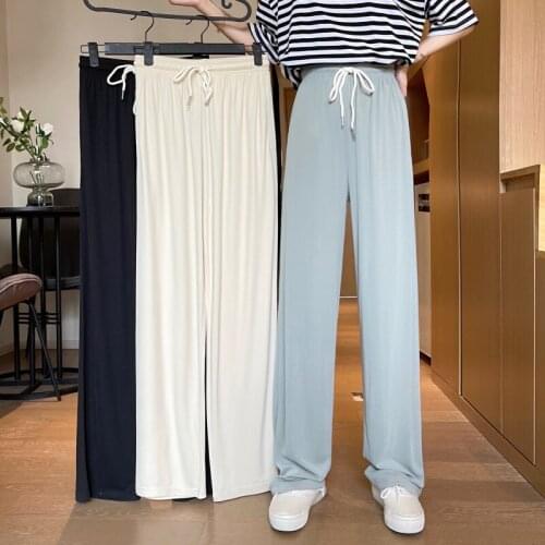2021 Women Summer Elastic High Waist Wide Leg Long Pants Drawstring Waistbelt Loose Trousers Floor Length