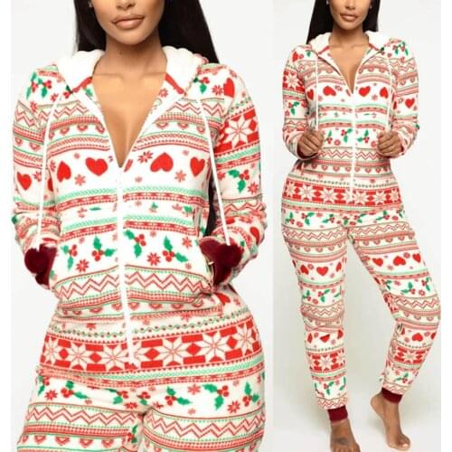 WomenS Long-Sleeved Hooded Christmas Print Jumpsuit Pajamas Autumn And Winter Trousers Long-Sleeved One-Piece Pajamas