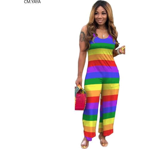 CM.YAYA women rainbow striped o-neck sleeveless fashion straight jumpsuit sexy party one piece romper overall