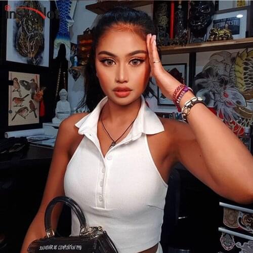 Instant Hot Sexy Solid Tank Top Backless Sleeveless Summer Women Turn Down Collar Slim Casual Streetwear Rib Knit Crop Top Tanks