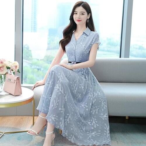 2021 New Soft Elegant OL Womens Party 3XL Chiffon Large Size Embroidery Female Print Workwear Long Summer Vestidos Dress Robe