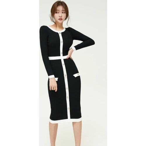 Office Women Vintage Autumn Winter Knitted Vestidos O neck Long Sleeve Stretch Pencil Dresses Casual Bodycon Dress