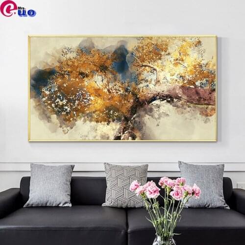 Abstract Textured Brown Trees With Yellow Leaves Diamond Painting Full Square 5D Diamond Embroidery Mosaic Art Home Decor Crafts