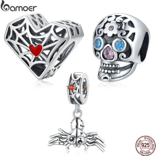 Bamoer 925 Sterling Silver Halloween Hollow skull Charm Blue Zircon Cobweb Heart Charm Funny Spider Pendant for Bracelet DIY