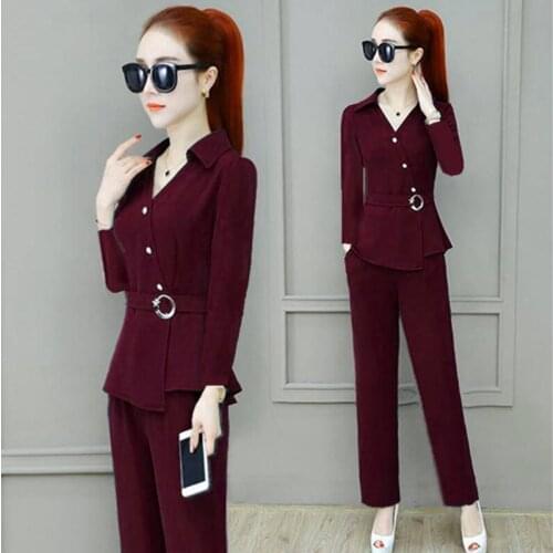 Wine red 2 Piece Set Women Work Wear Full Sleeve Blazers Pencil Pants Suit Two Piece Set Office Lady Outfits
