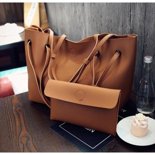 Large 2Pcs Womens Bag New Fashion Plain Big Black Tote Handbag Set of 2 Women Pink Shopping Bag Lady Gray Brown Clutch Lychee P
