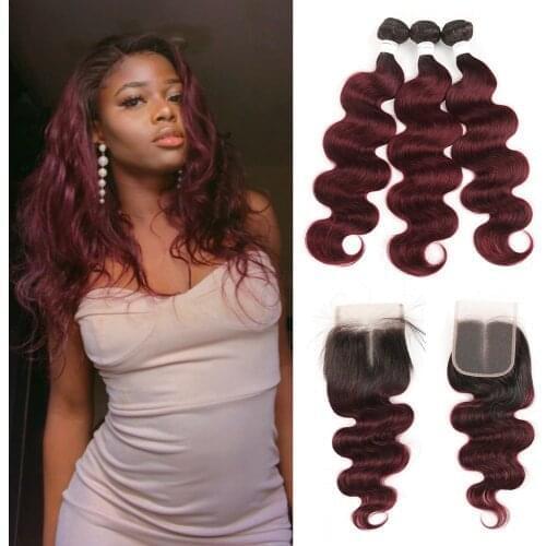 Brazilian Body Wave Human Hair Bundles With Closure KEMY HAIR Ombre Red Hair Weave Bundles With Closure Non-Remy Hair Extension