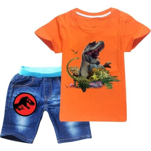 Dinosaur Kids Summer Costumes Boy Short Sleeve Fashion Clothes T-shirt Denim Shorts Suit Kids Animal Outfits Boy Tops Pant Set