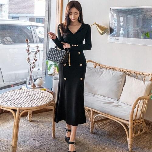 Elegant Double Breasted Mermaid Dress Women Spring Sheath Dress Office Lady Bodycon Long Dress V-Neck Korean Sexy Black B691