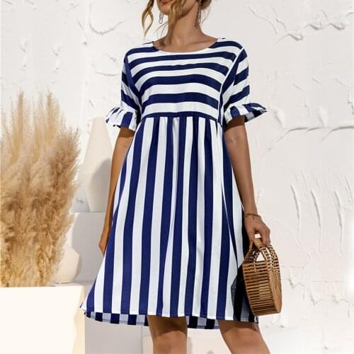 Elegant Summer New Womens Dress Fashion Ruffle Short Sleeve Round Neck Dress Casual Stitching Pocket Stripe Loose Dress
