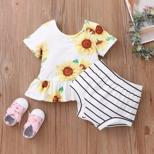 Summer Baby Girl Clothing Set 2 Pcs Sets Sunflower Print Short Sleeve T-shirts+ Striped Briefs Casual Soft Home Baby Sets 0-18M