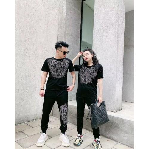 Mens and womens fashion sportswear hot diamond tiger T-shirt+jogging casual pants fitness designer 2-piece suit for men and wo