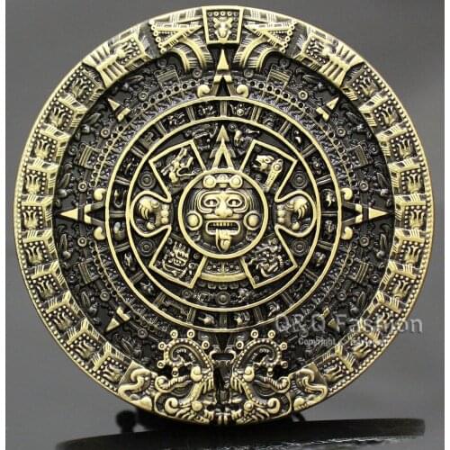 New 2020 Fashion Belt Buckle Men Antique Gold Silver Plated Aztec Mayan Indian Detailed Calendar Mask Western Cosplay Jewel