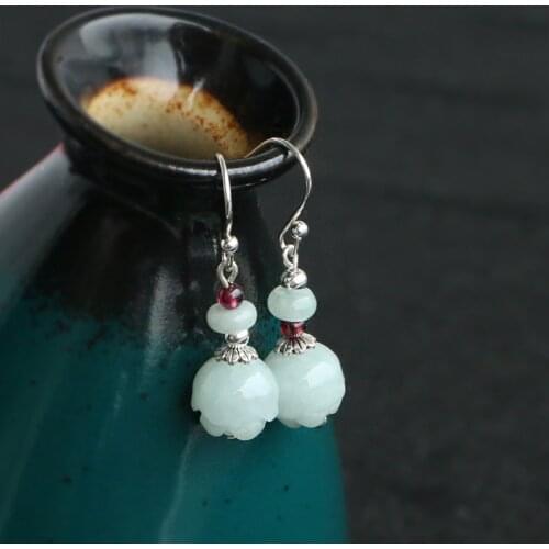NATURAL JADE EMERALD LUCK LOTUS EARRINGS BEAD CHARM JEWELLERY FASHION ACCESSORIES HAND-CARVED MAN WOMAN AMULET GIFTS