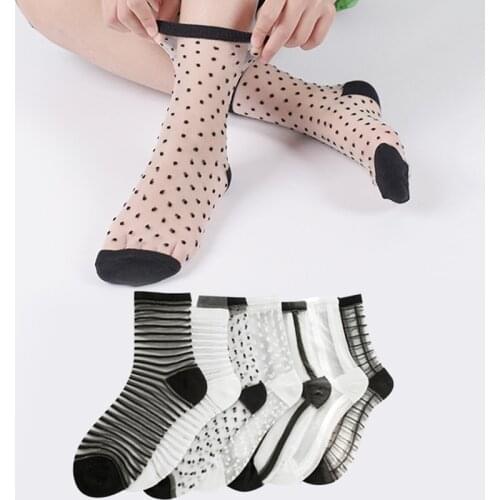 Women Sexy Crystal Silk Socks Funny Dot Plaid Striped Print Lace Mesh Fishnet Transparent Elasticity Thin Cool Black Nylon Socks