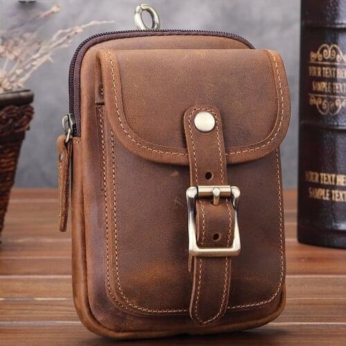New mens leather belt bag can wear belt diagonal mobile phone bag Retro cowhide mountaineering small bag