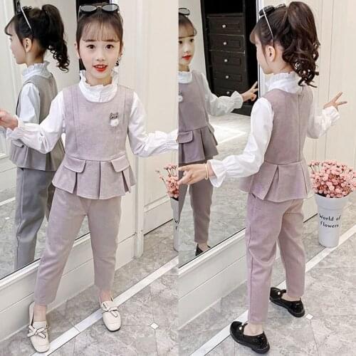 New 3Pcs Casual Cute Toddler Girls Clothing Set Blouse+Vest+Pant Suit Kids Spring Autumn 3t-12Yrs Teen Girls Clothing Outfit