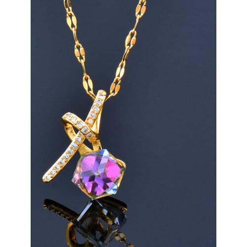 SINLEERY Blue Purple Cubic Zircon Circle Hexagon Pendant Necklace Gold Color Women Fashion Jewelry 2021 New Arrival XL273 SSK