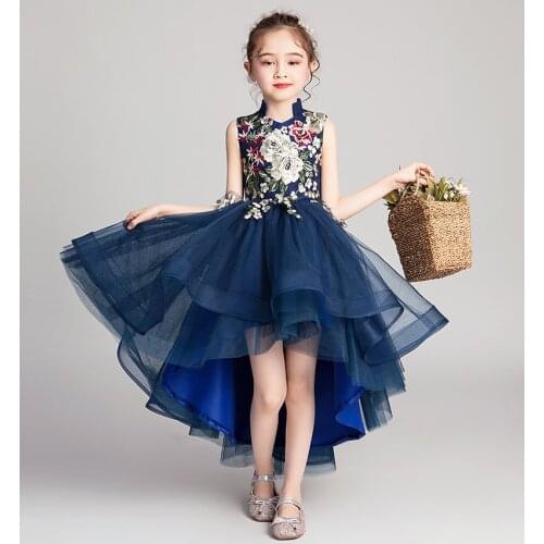 Appliques Girls Wedding Gown Long Tulle Flower Girl Dress Formal Clothes Princess Sleeveless Evening Party Kids Summer Dresses