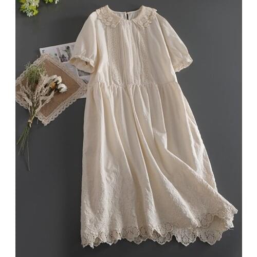 Japan Style Mori Girl Embroidery Hollow out Dress Turndown Collar Solid Color Short Sleeve Lace Dress