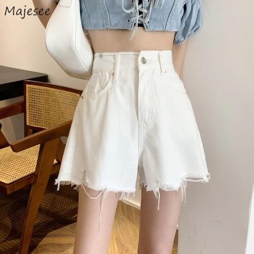 Shorts Women Ripped High Waist Solid Streetwear Sexy Club Leisure Fashion Simple Retro All-match Summer Girls Students Female