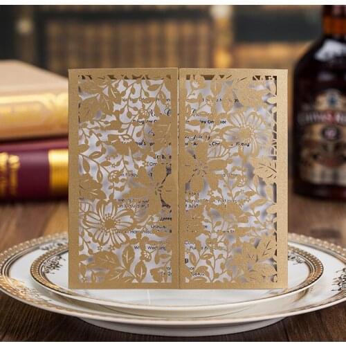 50pcs/lot CW5103 Gold Color Wedding Invitation Card With Blank No Printing Inner Card