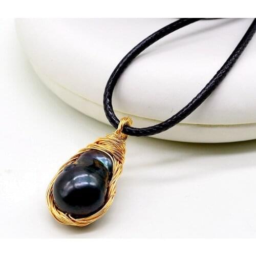 Vintage black baroque pendant necklace. Natural black baroque pearl. Golden silk thread. Handmade female jewelry. Womens Pearl