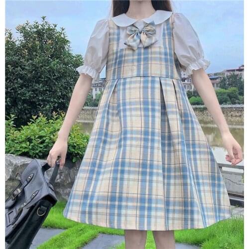 Japanese College Fake Two-Piece Contrasting Plaid Doll Collar Puff Sleeve Dress Womens 2020 New Summer sweet lolita dress
