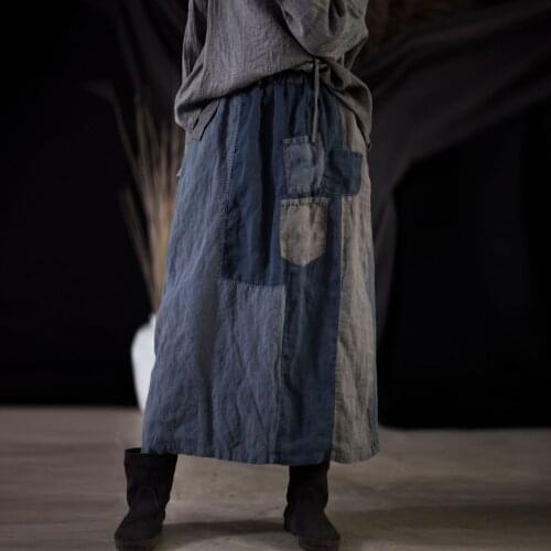 Summer Women Skirt Patchwork Cotton Linen 2021 Elastic Waist A line Vintage Fashion Skirt Female YoYiKamomo