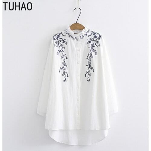 TUHAO Large Size Women Blouse Shirt 4XL 3XL Plus Size Womens Autumn Cotton and Linen Embroidery Shirt Sweet Shirt Blouses WM05