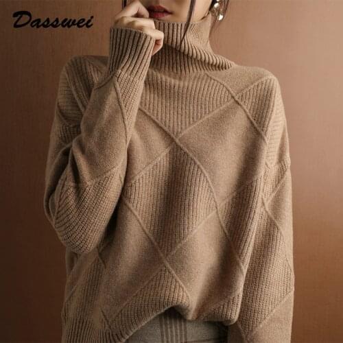 DASSWEI Argyle Solid Knitted Sweater For Women 2021 Autumn Winter Casual Turtleneck Pullover Loose Long Sleeve Jumper Tops Femme