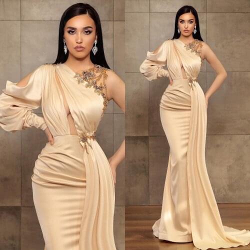 Champagne Evening Gowns Beaded Satin V Neck Sweep Train Mermaid Prom Dress Custom Made Long Sleeve Formal Robes De Soirée