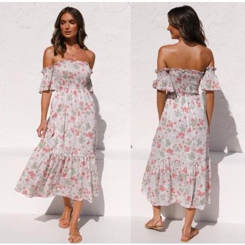 Summer Dress Women Off Shoulder Backless High Waist Floral Boho Maxi Dresses Strapless Chest Wrap Print Dress For Woman Robes