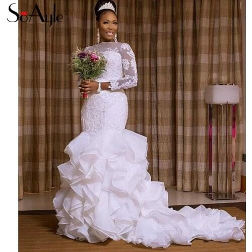 SoAyle Long Sleeves White Wedding Dresses Ruffles Lace Applique African Vintage Mermaid Bridal Gowns Muslim Dress
