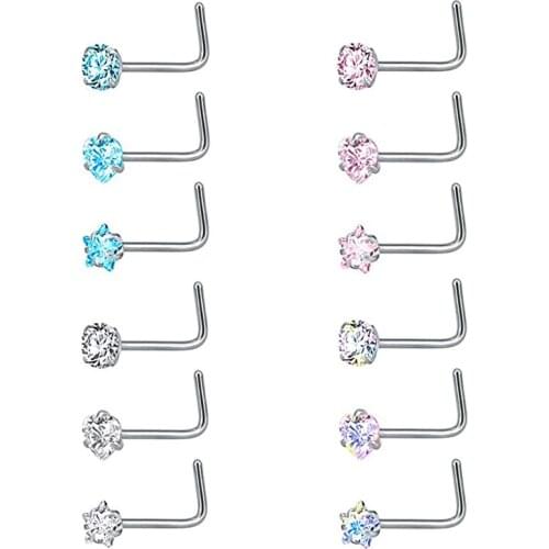 12 Pcs Round Star Heart Cubic Zirconia Screw Nose Studs Set I L Shape Tragus Rings Ear Studs Surgical Steel Nose Piercing 20G