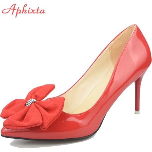 Aphixta Bling Crystals Bow Flowers Pointed Toe Red High Heels Women Patent Leather Butterfly-knot Pumps Big Size 45 46 47 48