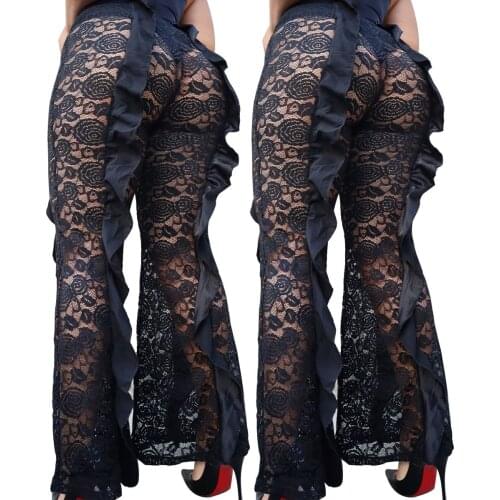 All Black Lace Patchwork Skinny Trousers New Arrival 2021 New Fashion Women Flare Leg Pants Holiday Party Club Leggings