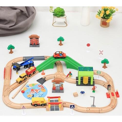 Wooden Track Train Set Car Wash Room Wooden Railway Car Educational Puzzle Toys Compatible Brand Wooden Track Toys for Boy Gifts