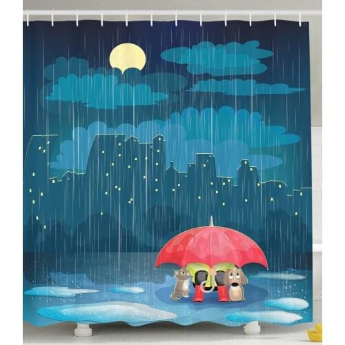 Kids Shower Curtains Nursery Decor Kitty and Poppy Romantic Love Decor Rainy Day Umbrella Cartoon Polyester Bathroom Curtain