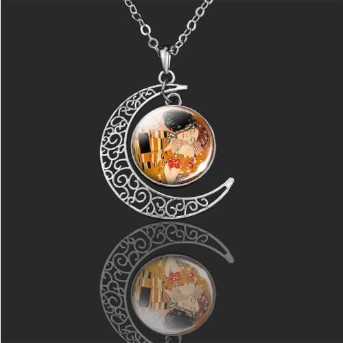 Gustav Klimt The Kiss Pendant Necklace Vintage Handmade Tree of Life Art Crescent Necklace Jewelry for Women Men