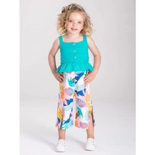 Girls clothes set children clothing outfits Little girl’s fashion solid color button camisole leaves shorts two pieces suit