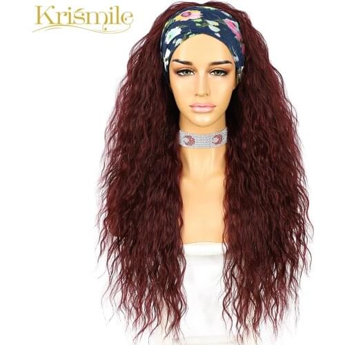 Krismile Long Kinky Curly 99j Burgundy Headband Wig Daily Party Holidays No Gel Glueless Wig for Black Women with 2 Free Bands