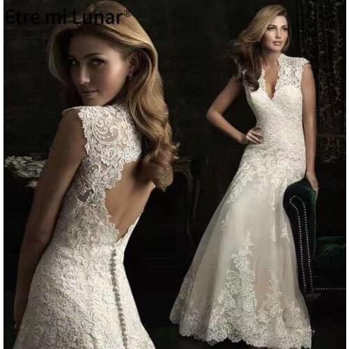 Embroidery Lace Evening Dresses 2020 V-Neck Sleeveless Vintage Mermaid Bridal Gown Vestidos de noiva Real Photo LE4007